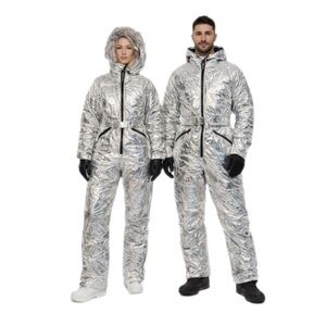 NWT Silver Metallic Unisex Insulated Ski Suit Space Snow Jumpsuit XXL